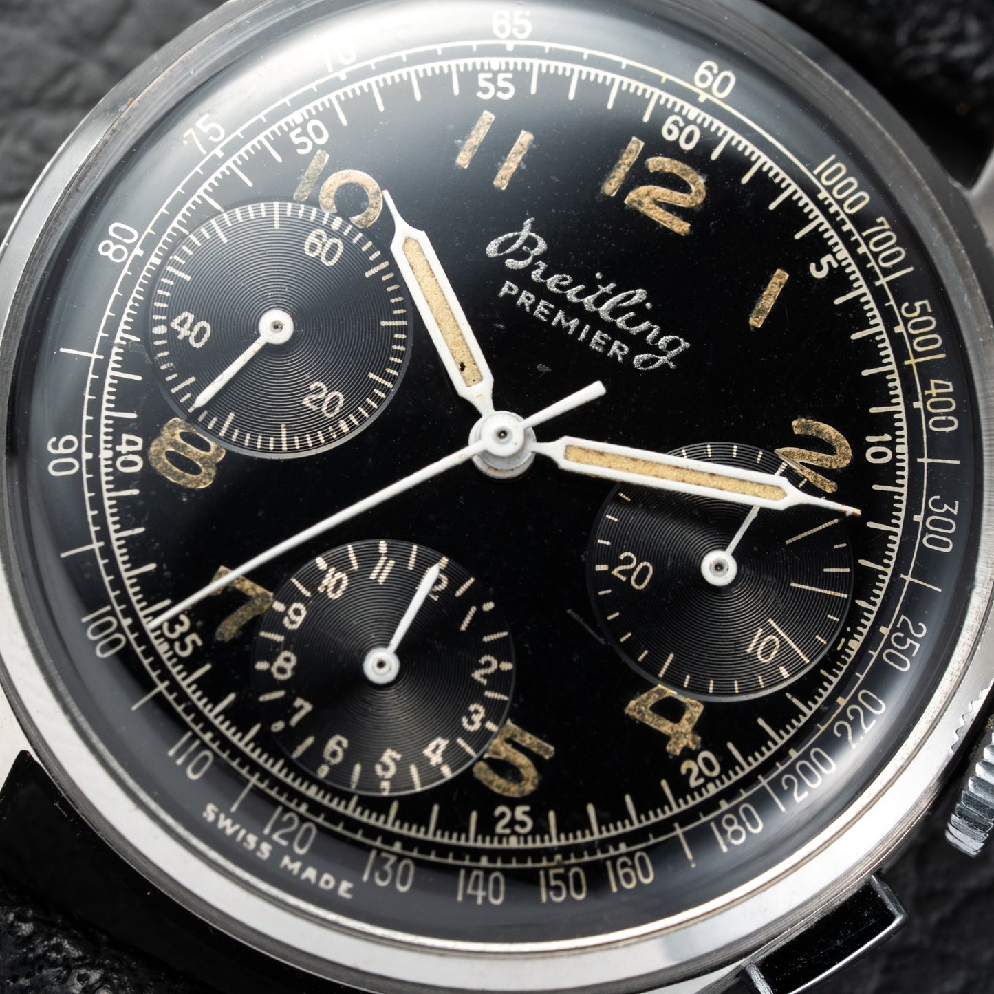 Breitling Premier Unpolished Black Gilt Dial Chronograph Venus 152 from 1940s Ref 787