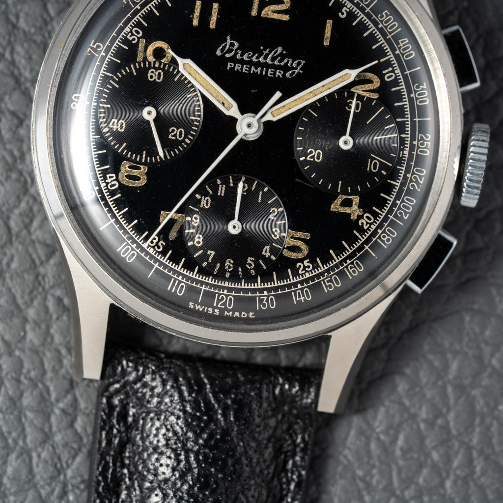 Breitling Premier Unpolished Black Gilt Dial Chronograph Venus 152 from 1940s Ref 787