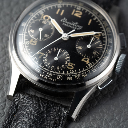Breitling Premier Unpolished Black Gilt Dial Chronograph Venus 152 from 1940s Ref 787