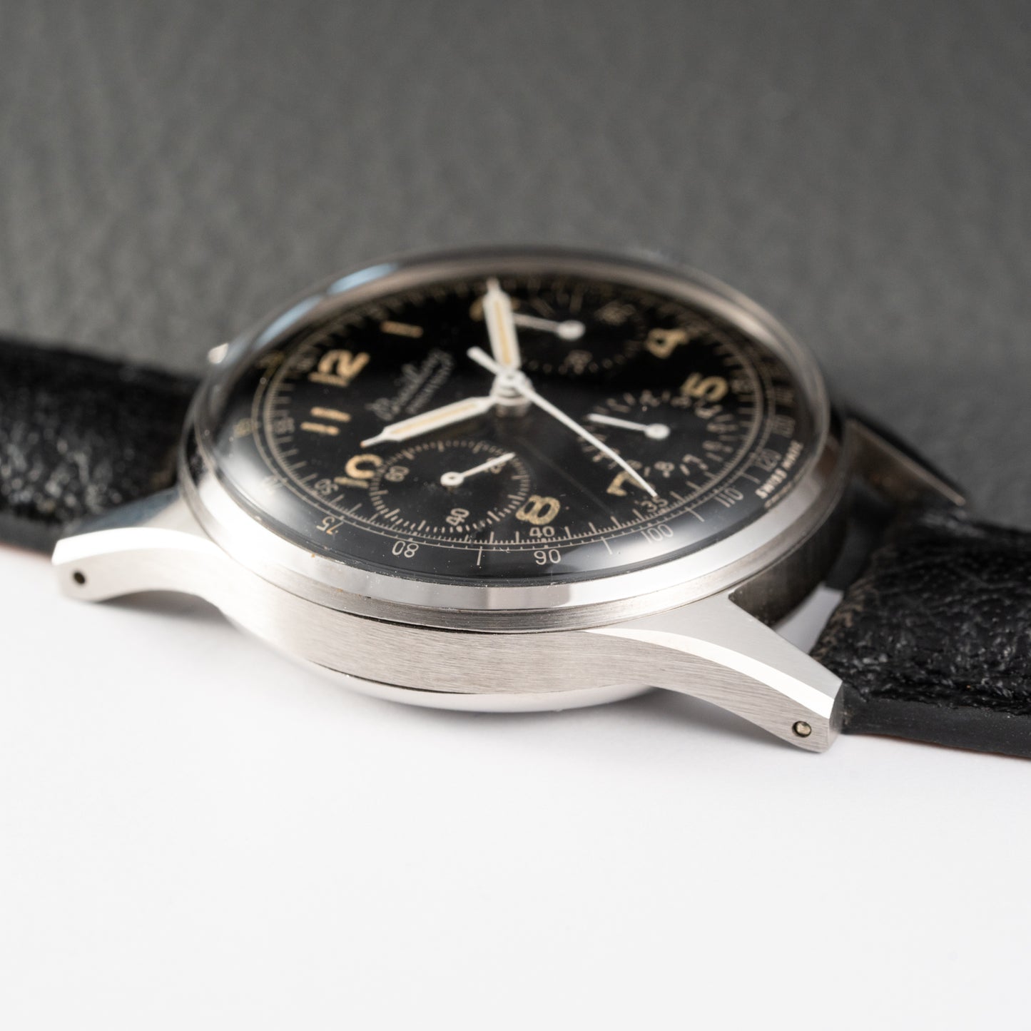 Breitling Premier Unpolished Black Gilt Dial Chronograph Venus 152 from 1940s Ref 787