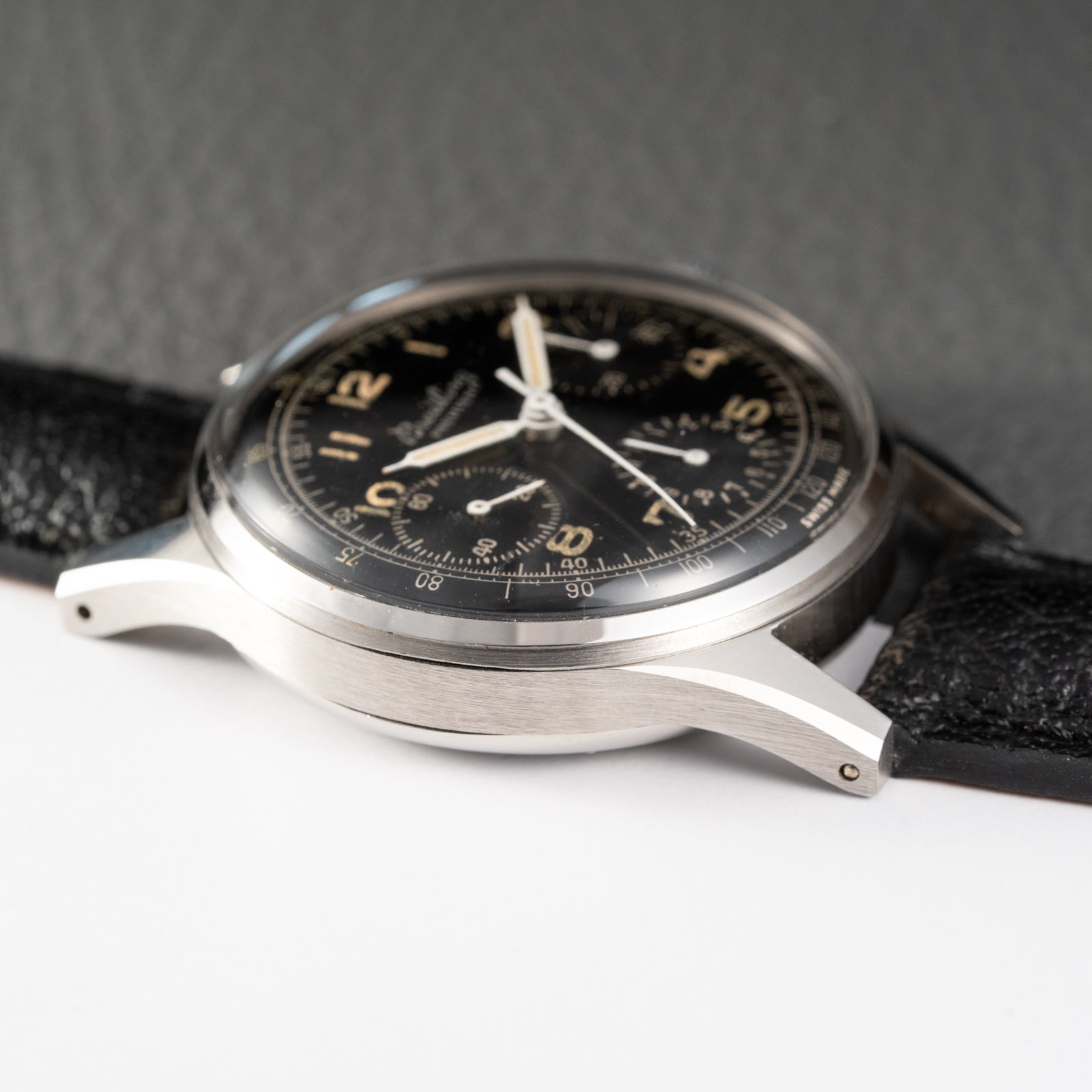 Breitling Premier Unpolished Black Gilt Dial Chronograph Venus 152 from 1940s Ref 787