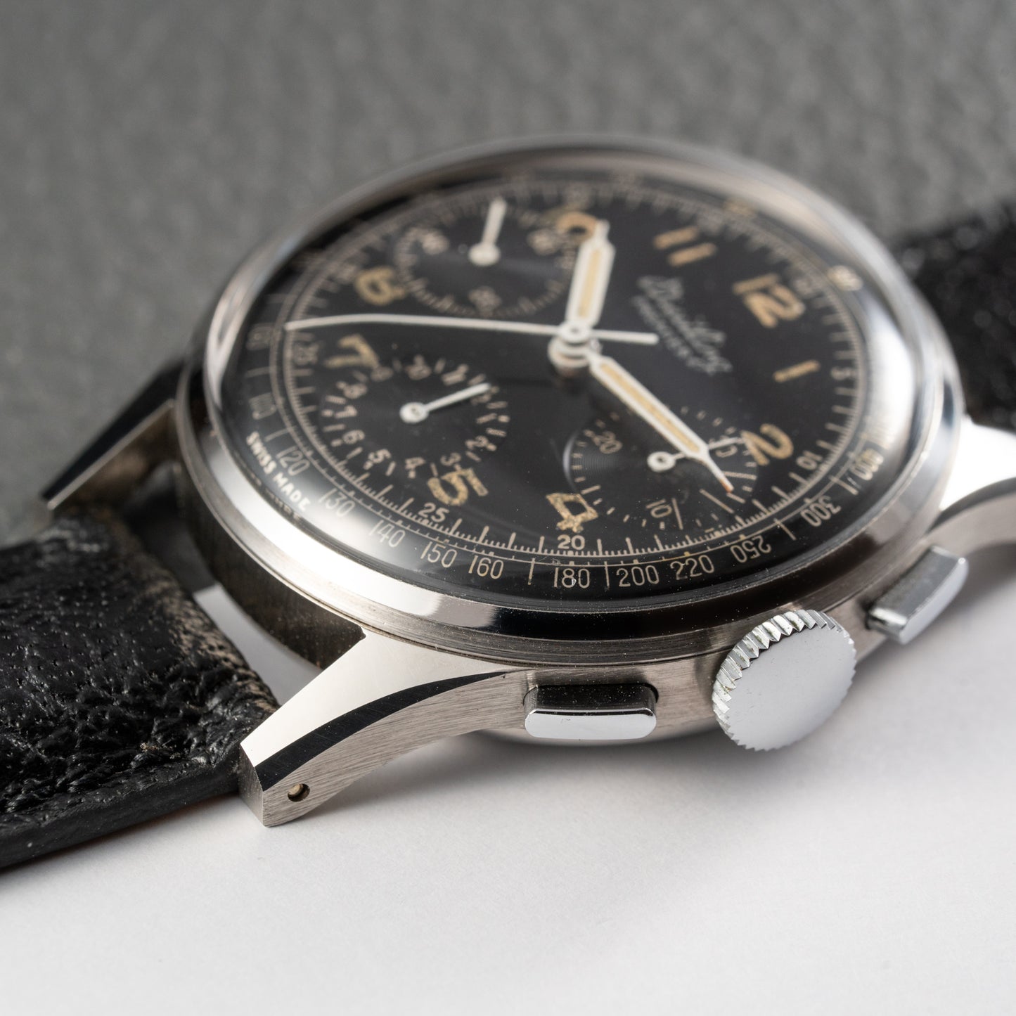Breitling Premier Unpolished Black Gilt Dial Chronograph Venus 152 from 1940s Ref 787