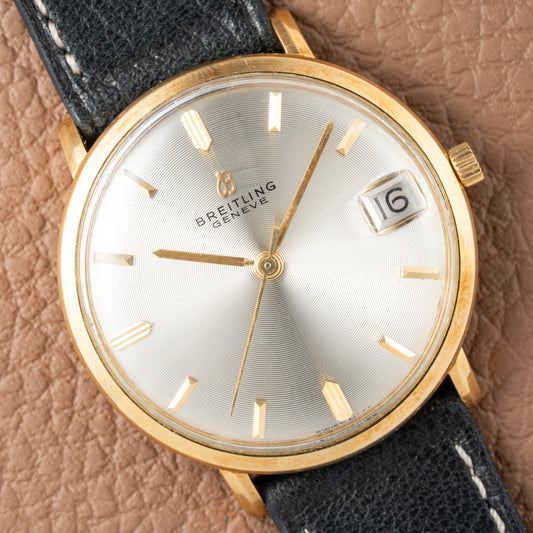 Breitling Genève Automatic Date Dress Watch Rare ‘String’ Textured Sunburst Dial 18K Yellow Gold Ref. 2605 from 1960s