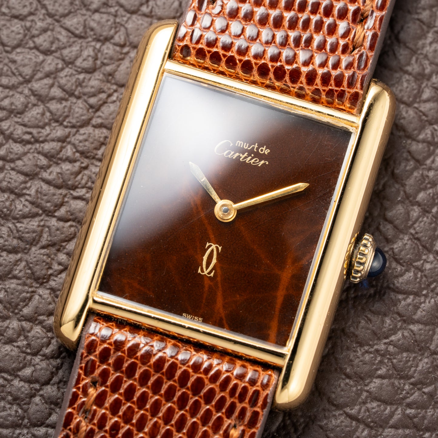 Cartier Tank Must de Vermeil ‘Turtle Shell’ Brown Wood Chocolate Dial GM from 1980s