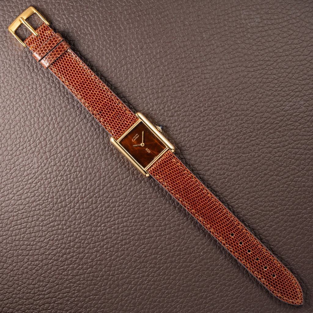Cartier Tank Must de Vermeil ‘Turtle Shell’ Brown Wood Chocolate Dial GM from 1980s