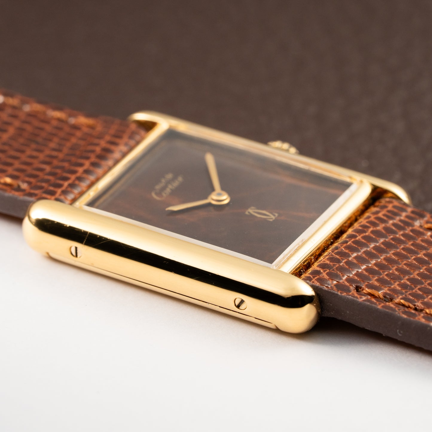 Cartier Tank Must de Vermeil ‘Turtle Shell’ Brown Wood Chocolate Dial GM from 1980s