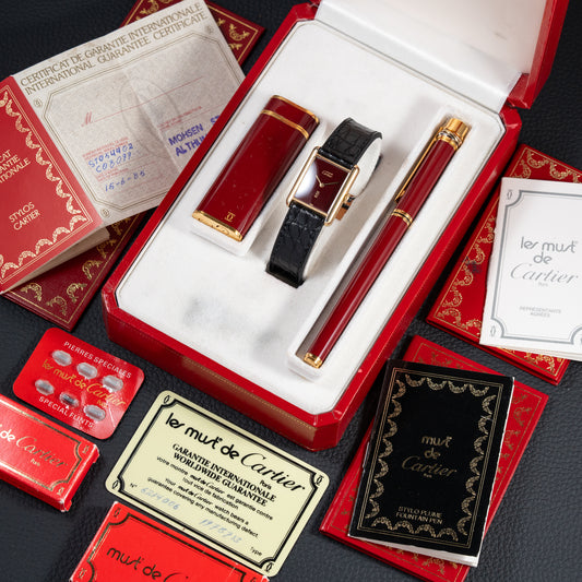 Cartier Must de Tank "Set of Three" Burgundy from 1985 Ultra-Rare Collector’s Treasure