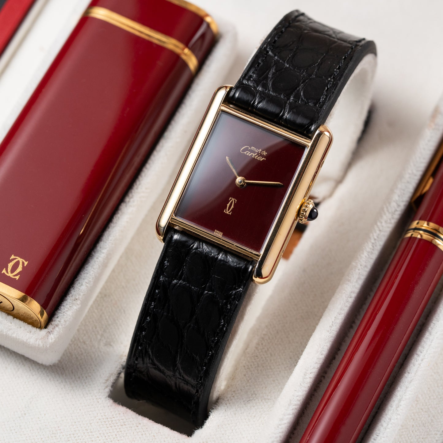 Cartier Must de Tank "Set of Three" Burgundy from 1985 Ultra-Rare Collector’s Treasure