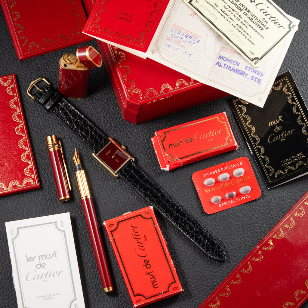 Cartier Must de Tank "Set of Three" Burgundy from 1985 Ultra-Rare Collector’s Treasure