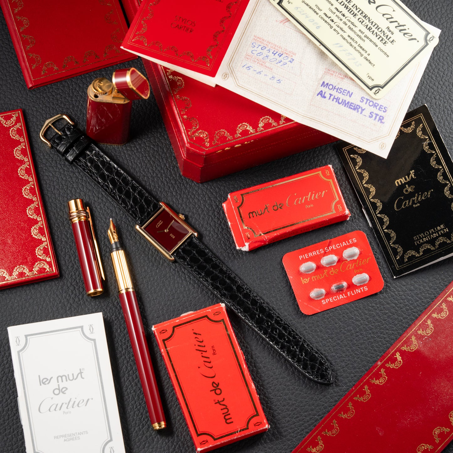Cartier Must de Tank "Set of Three" Burgundy from 1985 Ultra-Rare Collector’s Treasure
