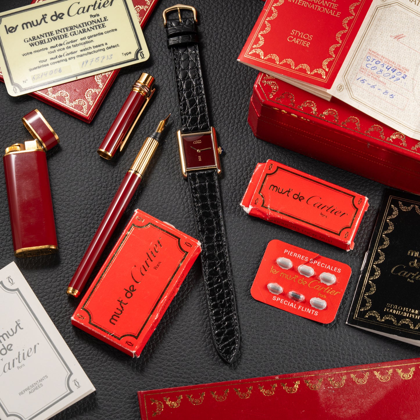 Cartier Must de Tank "Set of Three" Burgundy from 1985 Ultra-Rare Collector’s Treasure