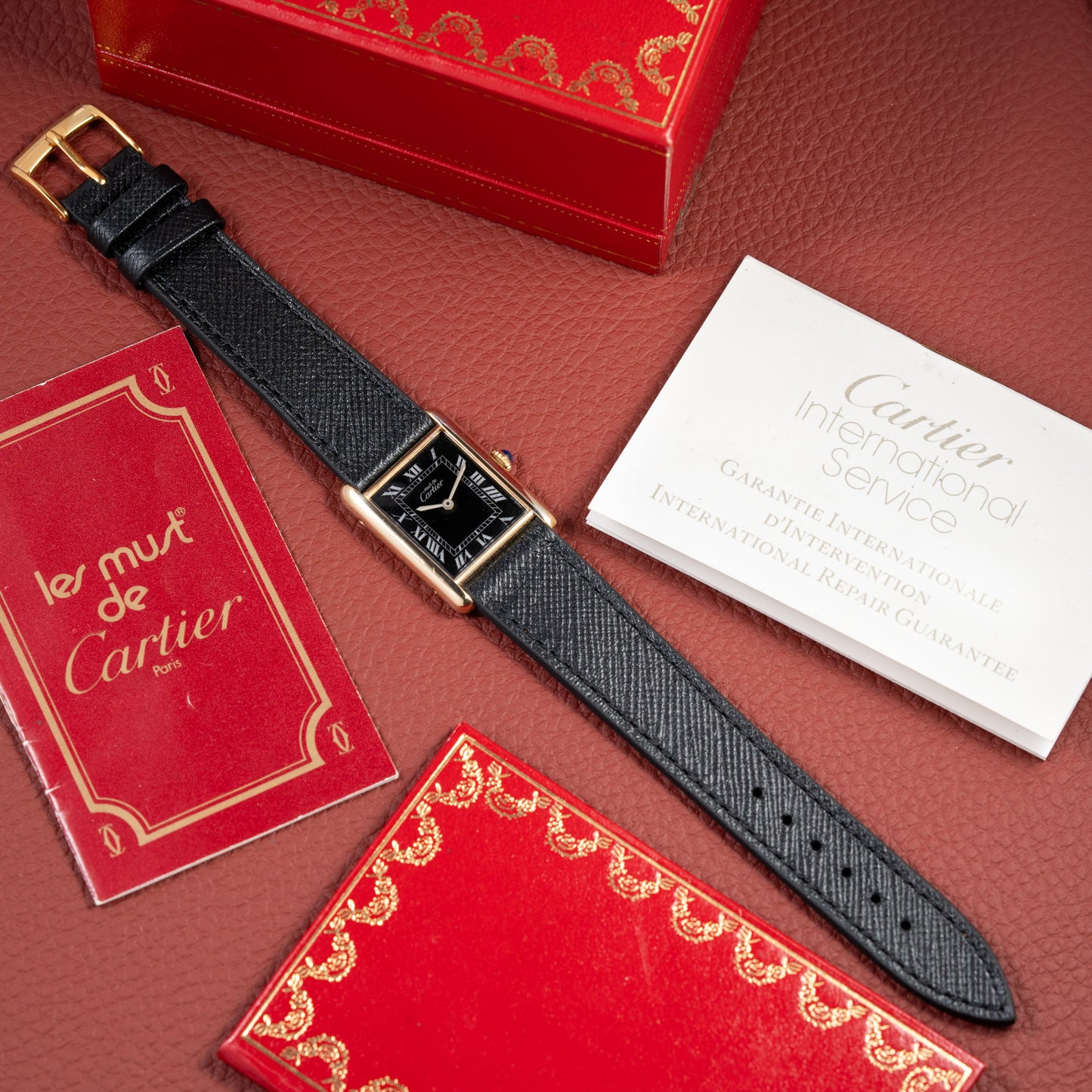 Cartier Must de Tank Vermeil Black Roman Full Set