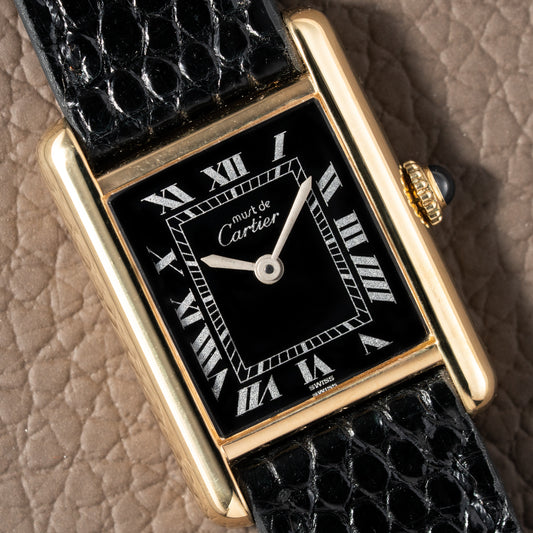 Cartier Tank Vermeil Black Roman Dial PM 1980s