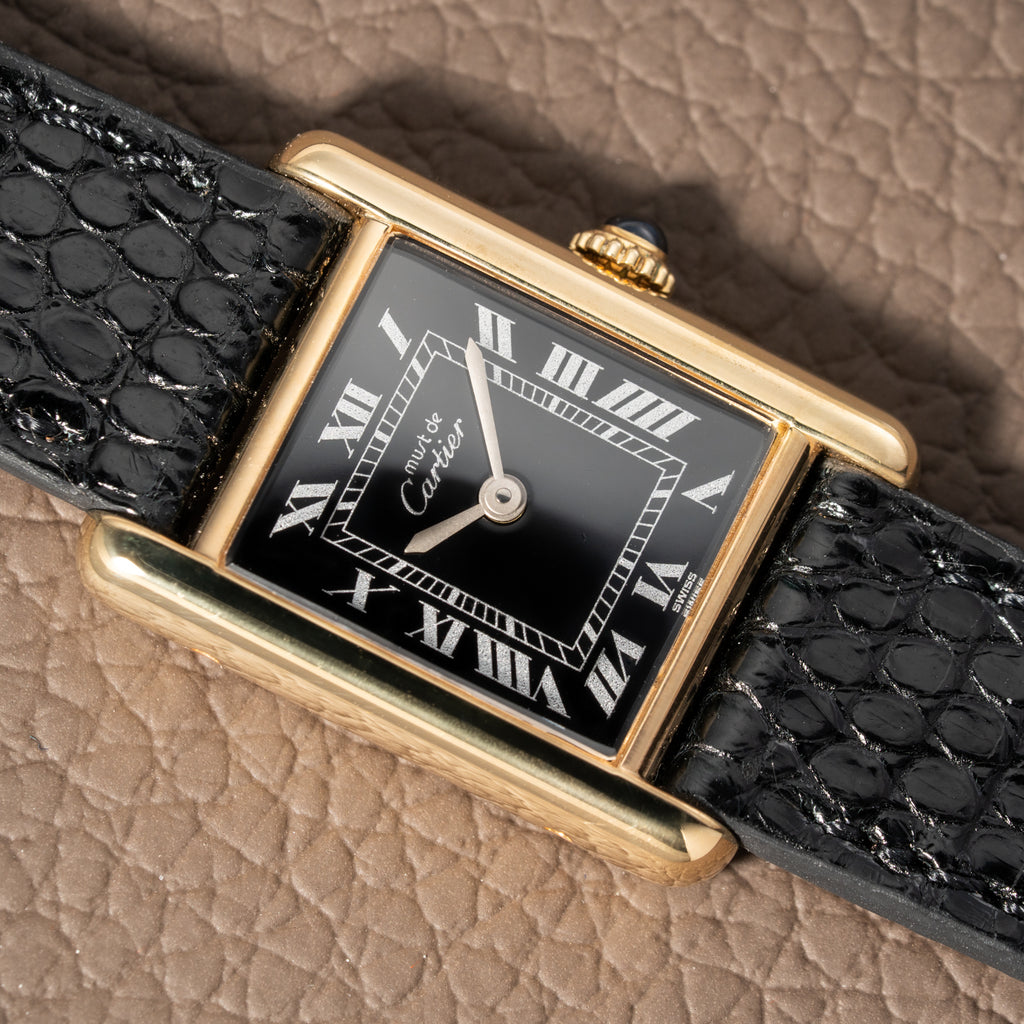 Cartier Tank Vermeil Black Roman Dial PM 1980s