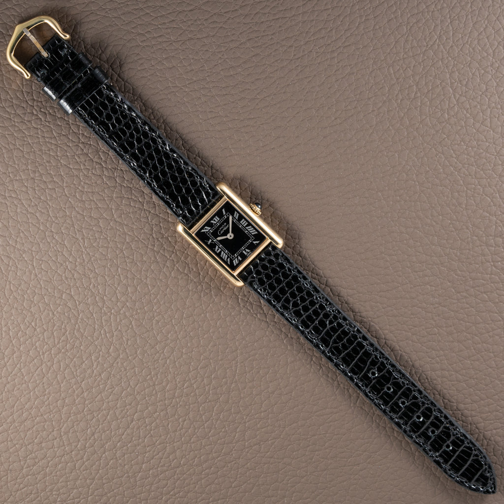 Cartier Tank Vermeil Black Roman Dial PM 1980s