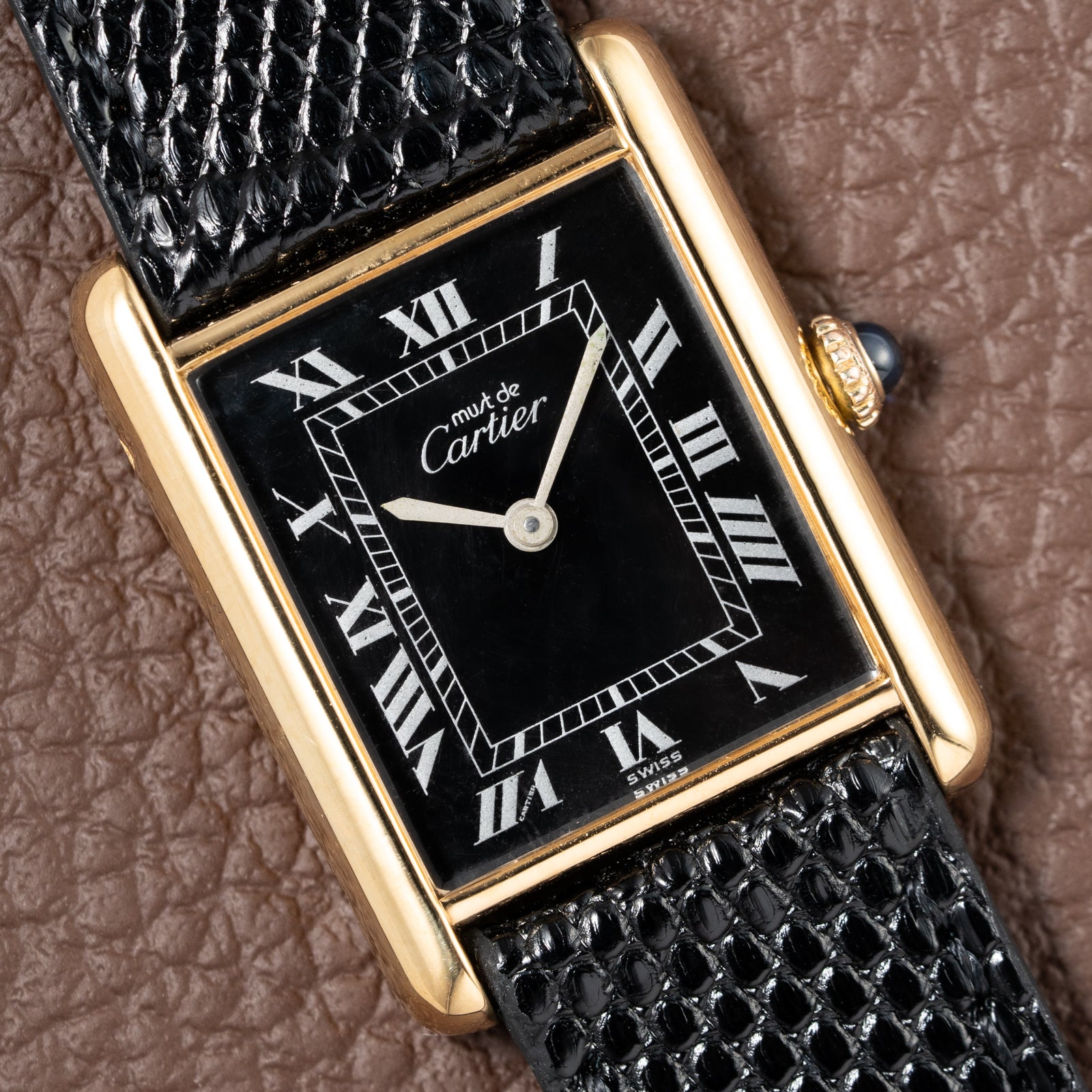 Cartier Must de Tank Vermeil Black Roman GM 1980s