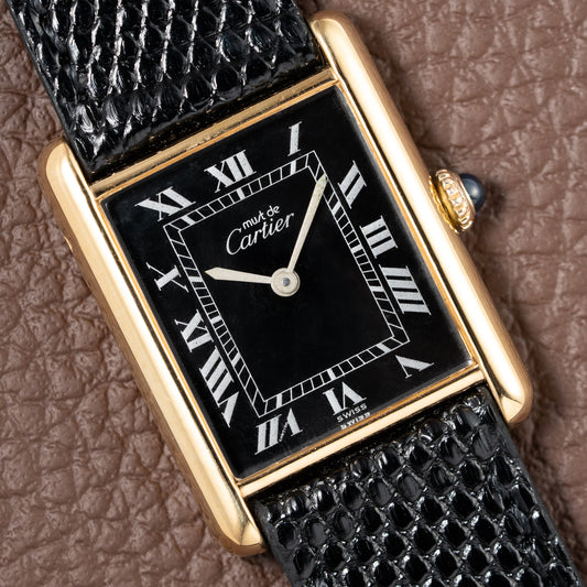 Cartier Must de Tank Vermeil Black Roman GM 1980s