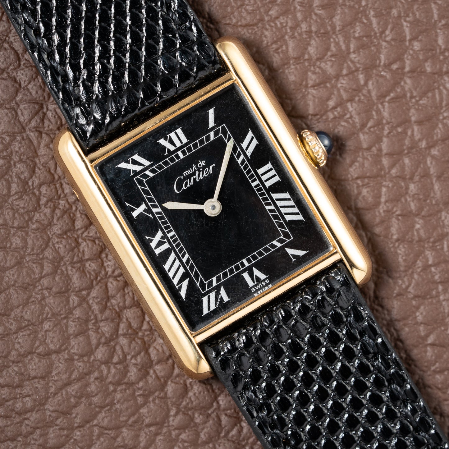 Cartier Must de Tank Vermeil Black Roman GM 1980s