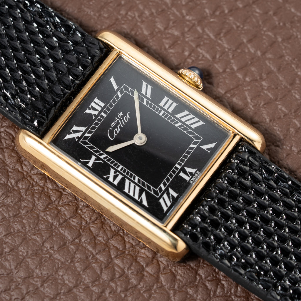 Cartier Must de Tank Vermeil Black Roman GM 1980s