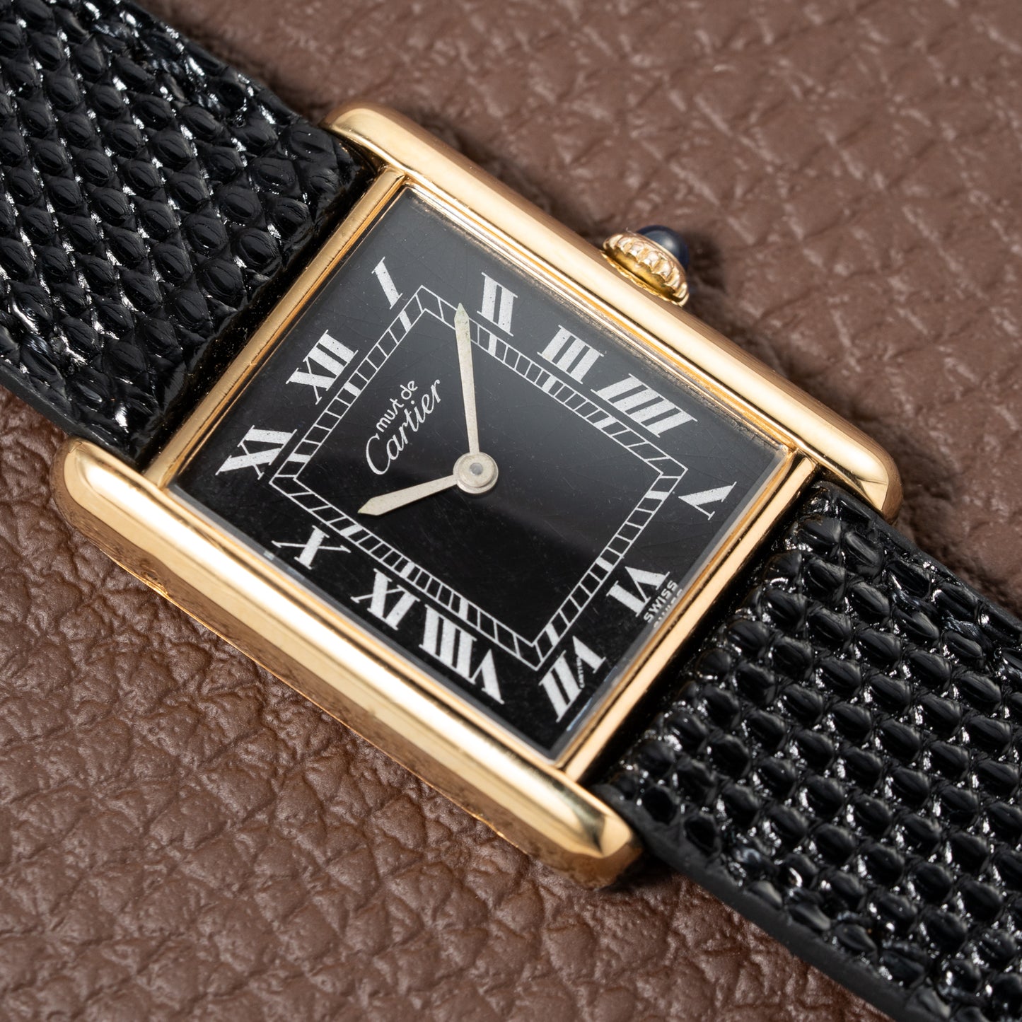 Cartier Must de Tank Vermeil Black Roman GM 1980s