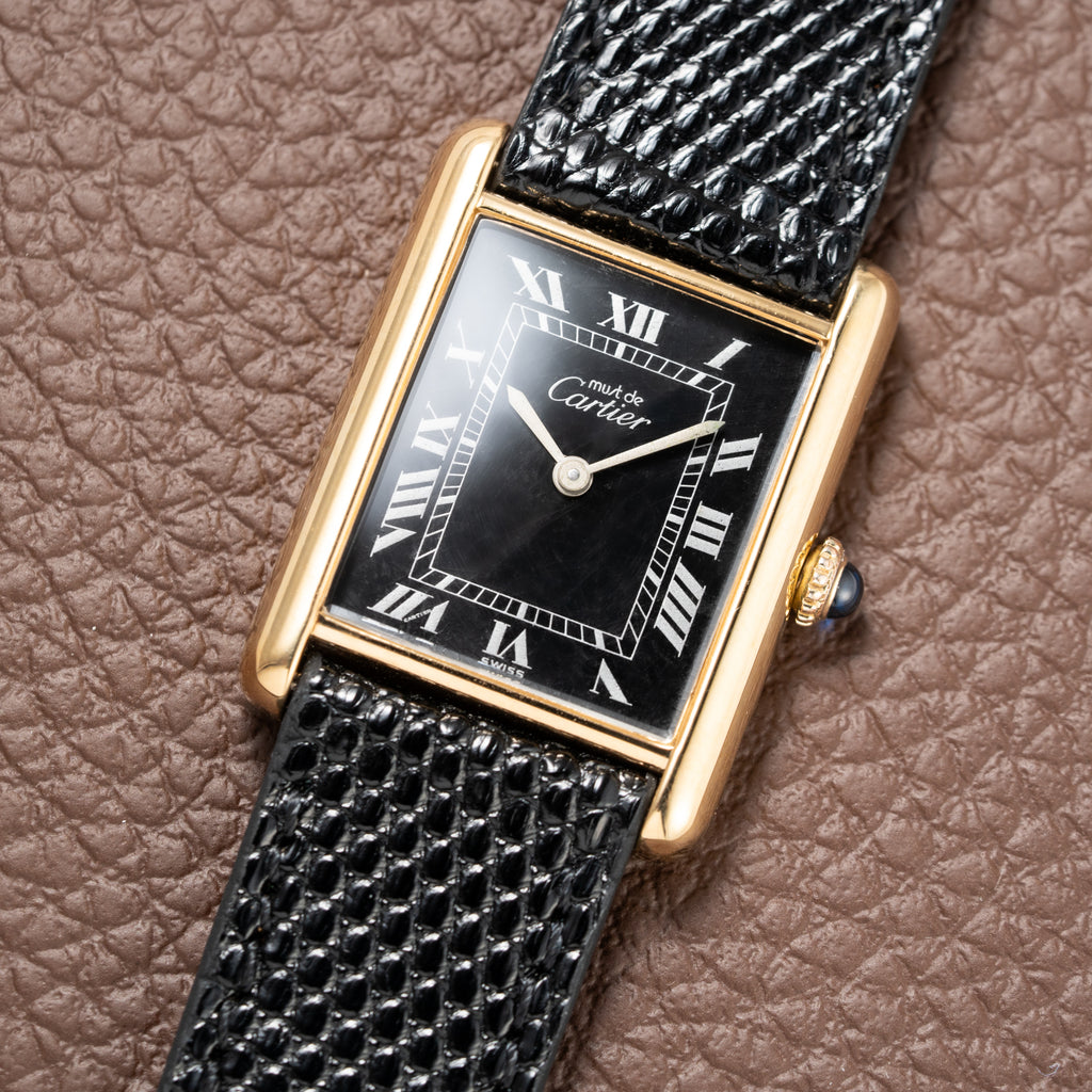 Cartier Must de Tank Vermeil Black Roman GM 1980s