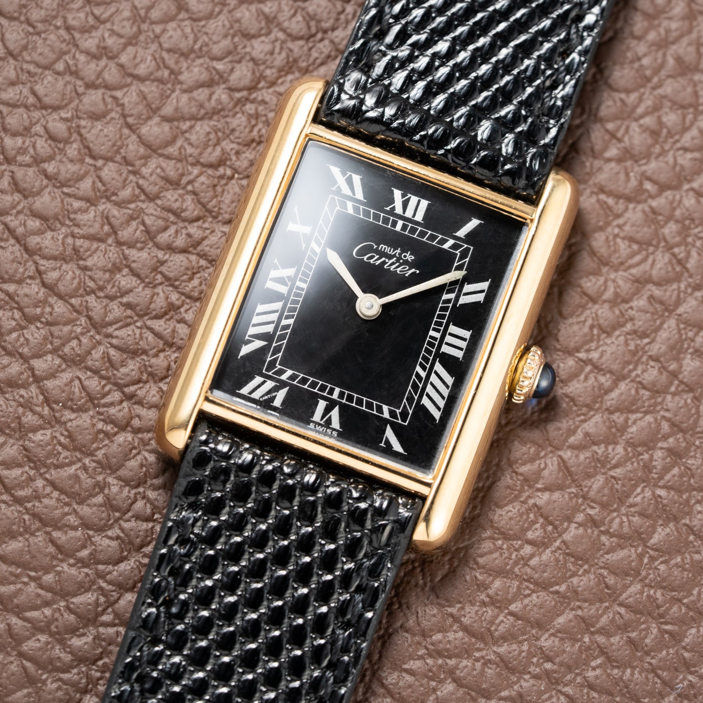 Cartier Must de Tank Vermeil Black Roman GM 1980s