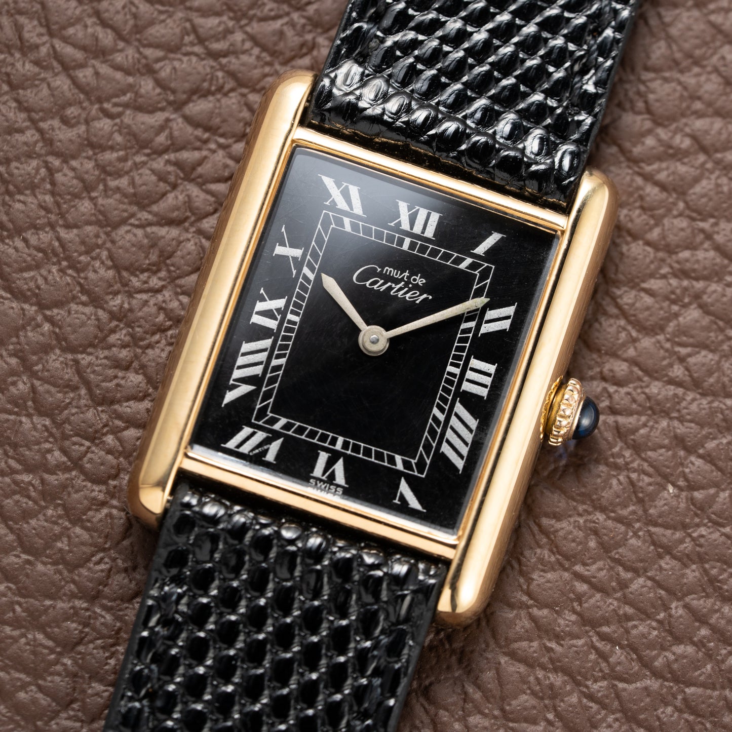 Cartier Must de Tank Vermeil Black Roman GM 1980s