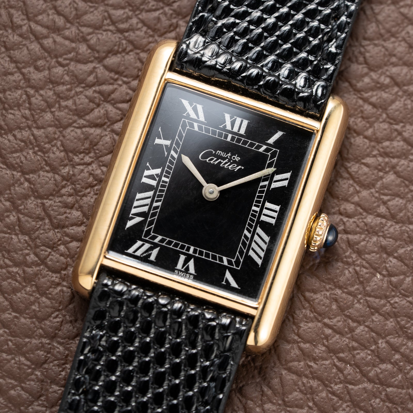 Cartier Must de Tank Vermeil Black Roman GM 1980s