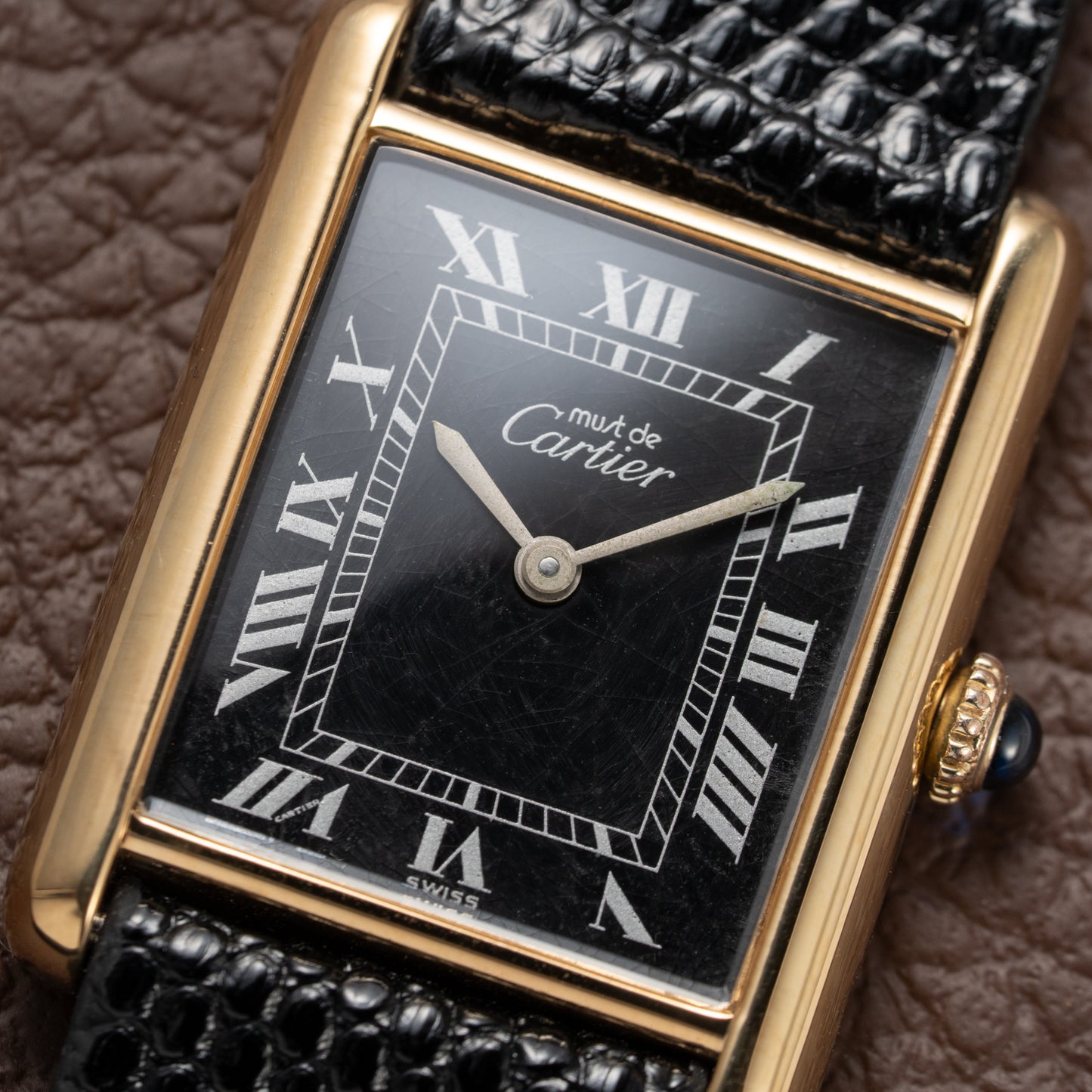 Cartier Must de Tank Vermeil Black Roman GM 1980s