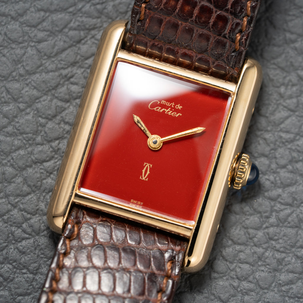 Cartier Must de Tank Vermeil Burgundy Red Dial PM 1980s