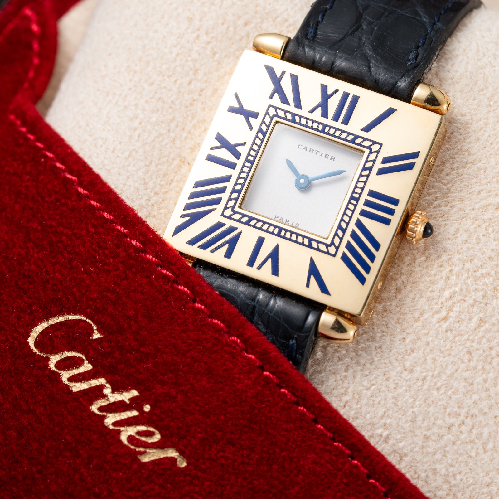 Cartier Obus 'Paris' Quadrant Blue Enamel Large Model 18k Yellow Gold ...