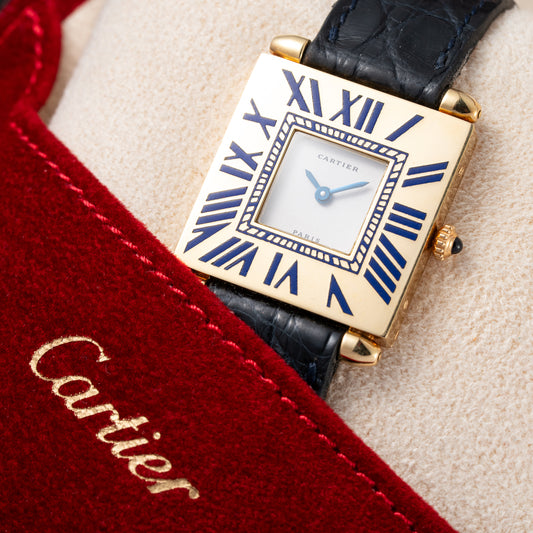 Cartier Obus 'Paris' Quadrant Blue Enamel Large Model 18k Yellow Gold GM Ref. A100 circa 1984