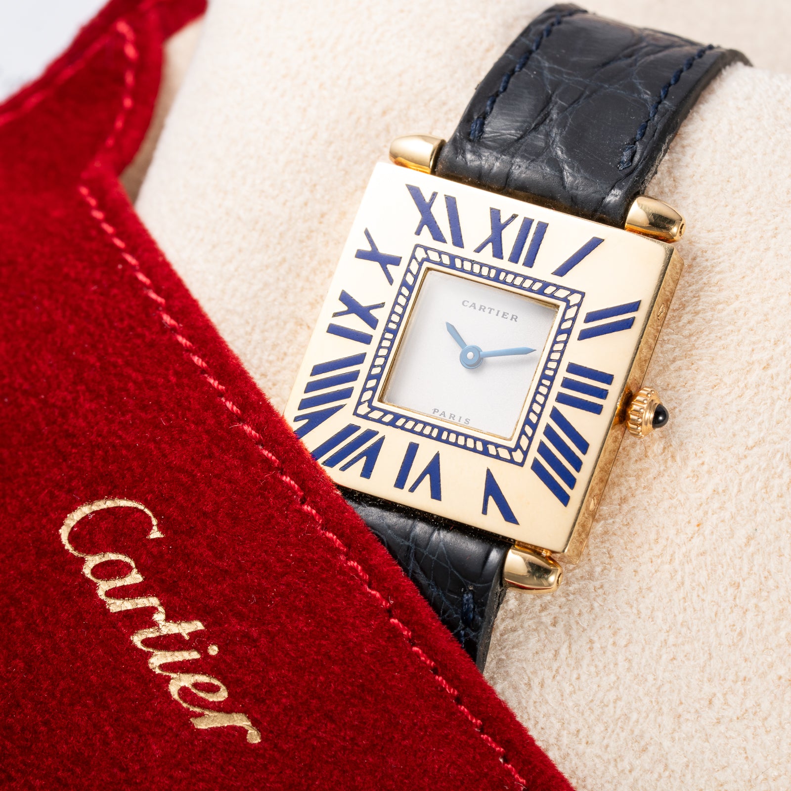 Cartier Obus 'Paris' Quadrant Blue Enamel Large Model 18k Yellow Gold GM Ref. A100 circa 1984