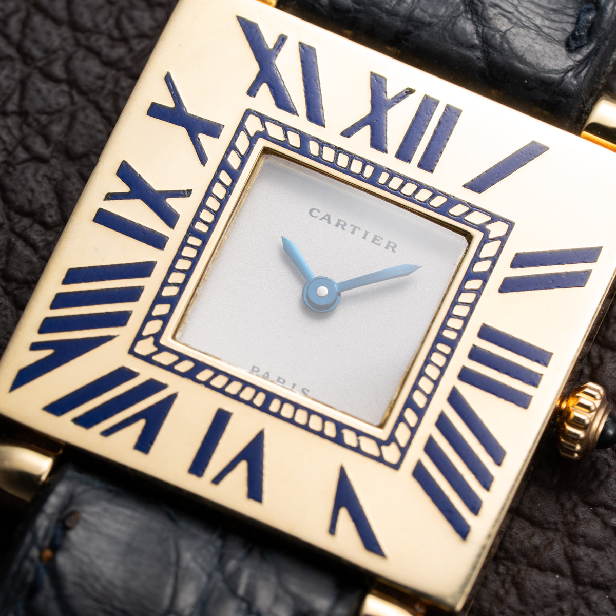 Cartier Obus 'Paris' Quadrant Blue Enamel Large Model 18k Yellow Gold GM Ref. A100 circa 1984