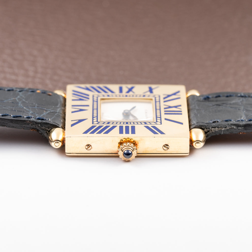 Cartier Obus 'Paris' Quadrant Blue Enamel Large Model 18k Yellow Gold GM Ref. A100 circa 1984
