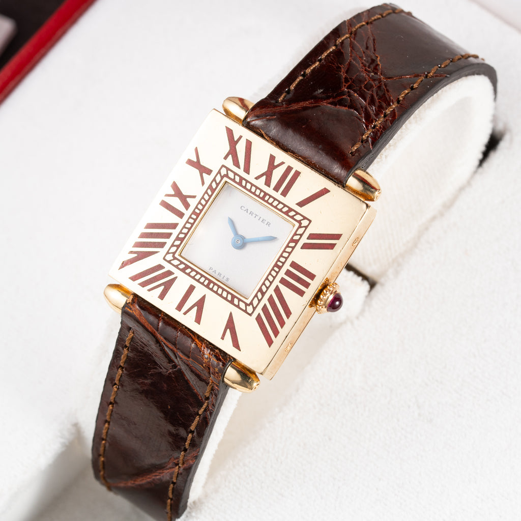 Cartier Obus 'Paris' Quadrant Red Burgundy Enamel Large Model 18k Yellow Gold GM Ref. A102 circa 1984