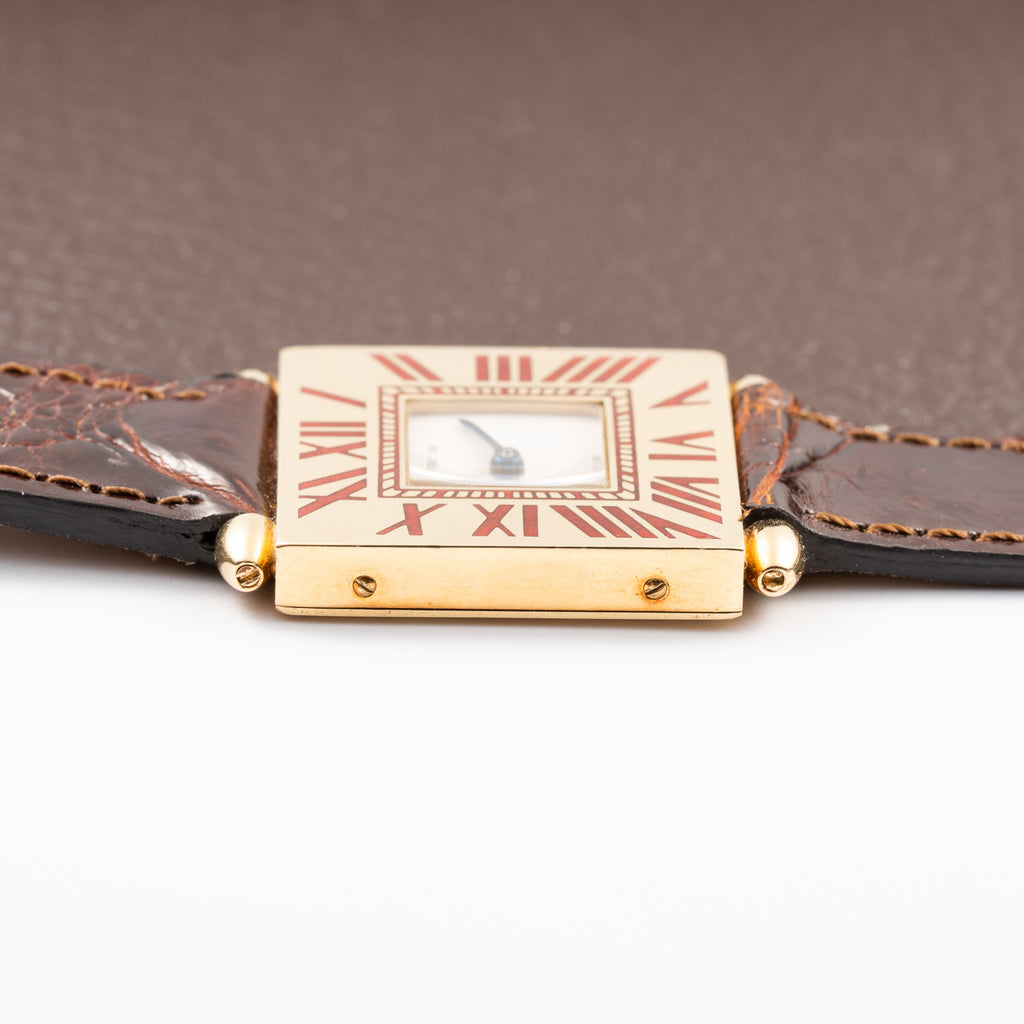 Cartier Obus 'Paris' Quadrant Red Burgundy Enamel Large Model 18k Yellow Gold GM Ref. A102 circa 1984