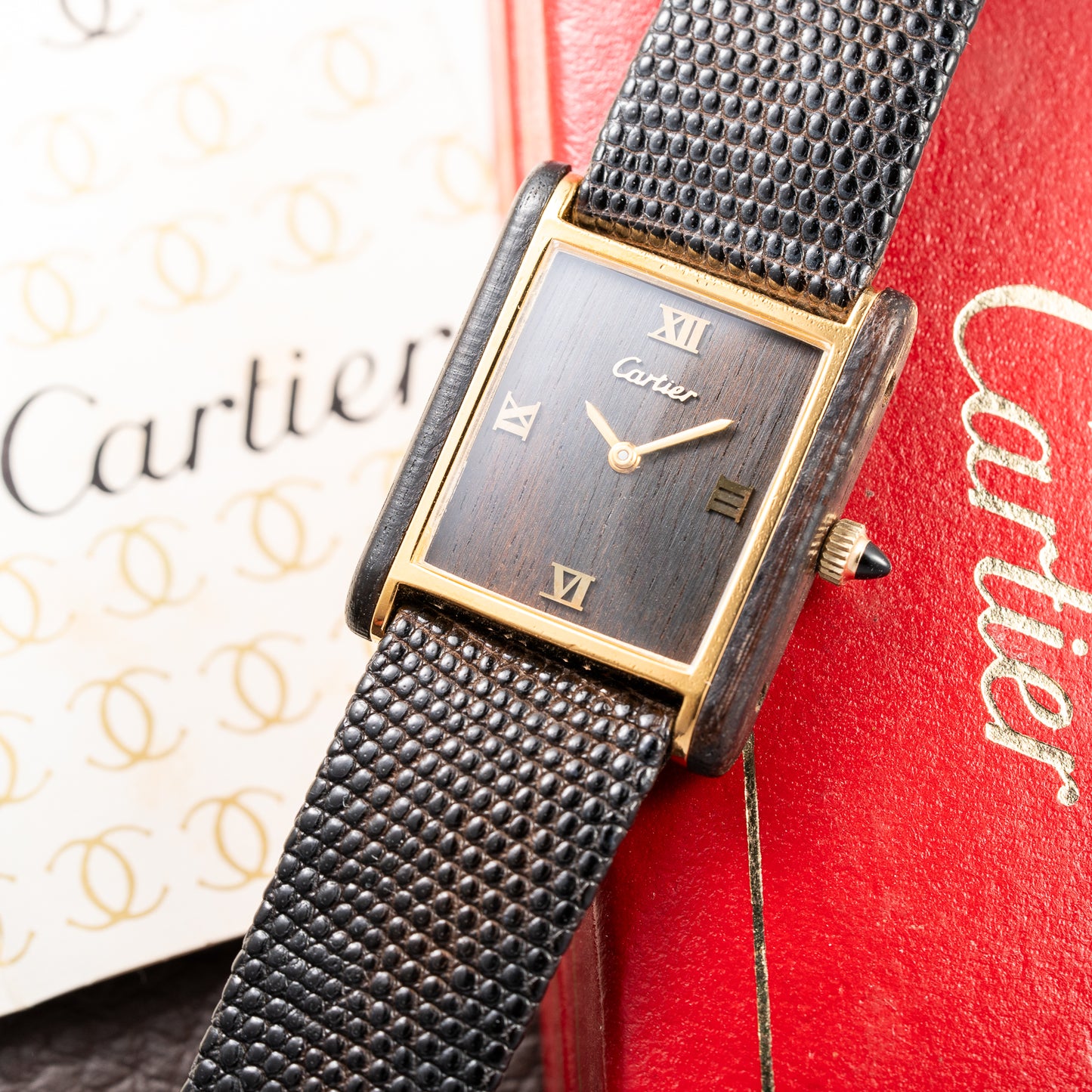 Cartier Tank “Pallisandre de Rio” “Tank Wood” Mohogany Full Set Box Papers Ref 20611 from 1977