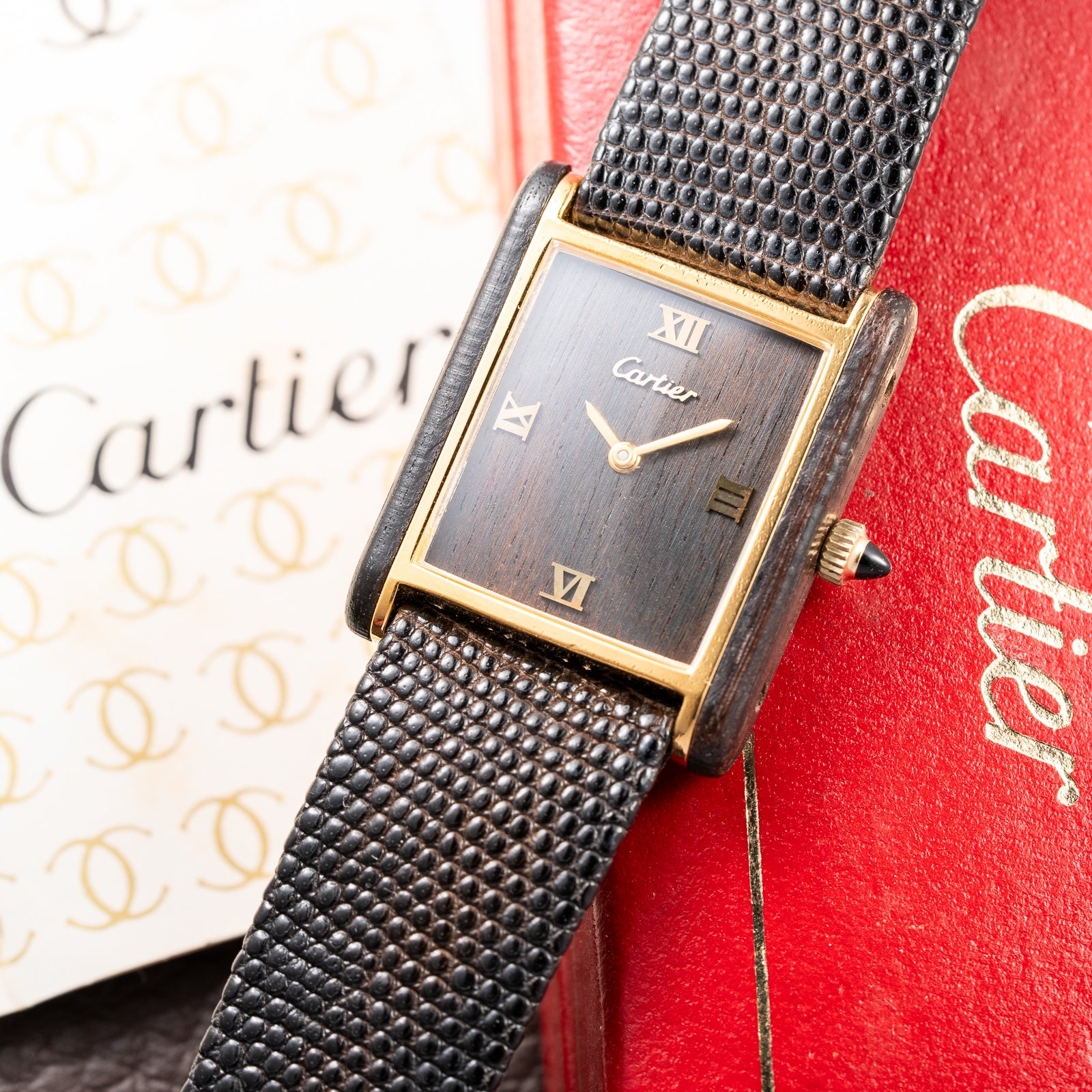 Cartier Tank “Pallisandre de Rio” “Tank Wood” Mohogany Full Set Box Papers Ref 20611 from 1977