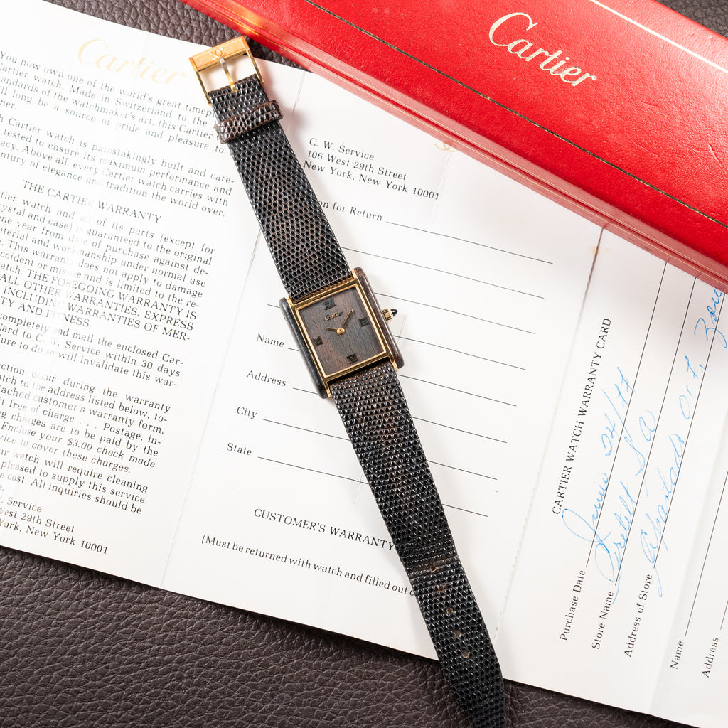 Cartier Tank “Pallisandre de Rio” “Tank Wood” Mohogany Full Set Box Papers Ref 20611 from 1977