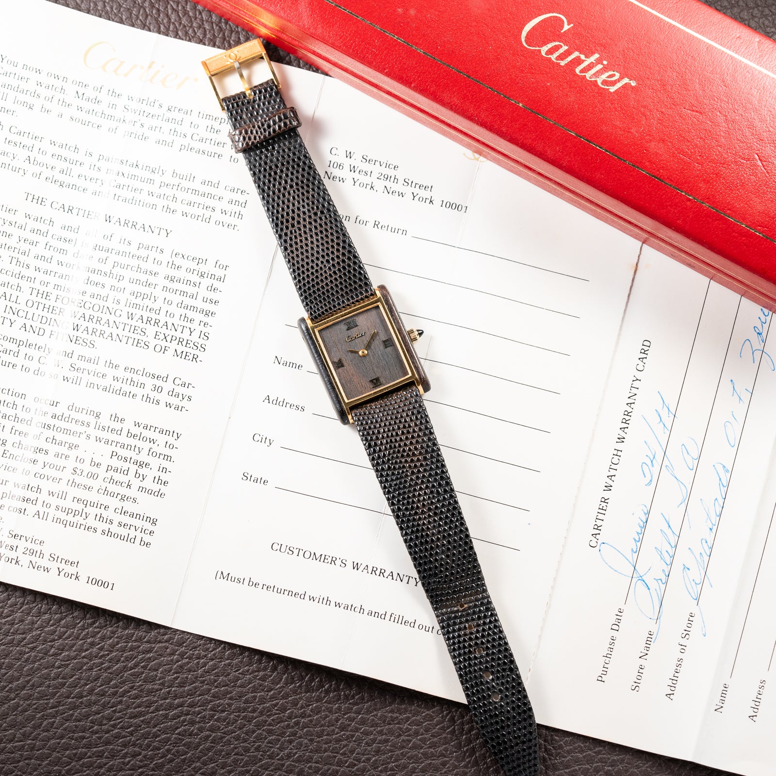 Cartier Tank “Pallisandre de Rio” “Tank Wood” Mohogany Full Set Box Papers Ref 20611 from 1977
