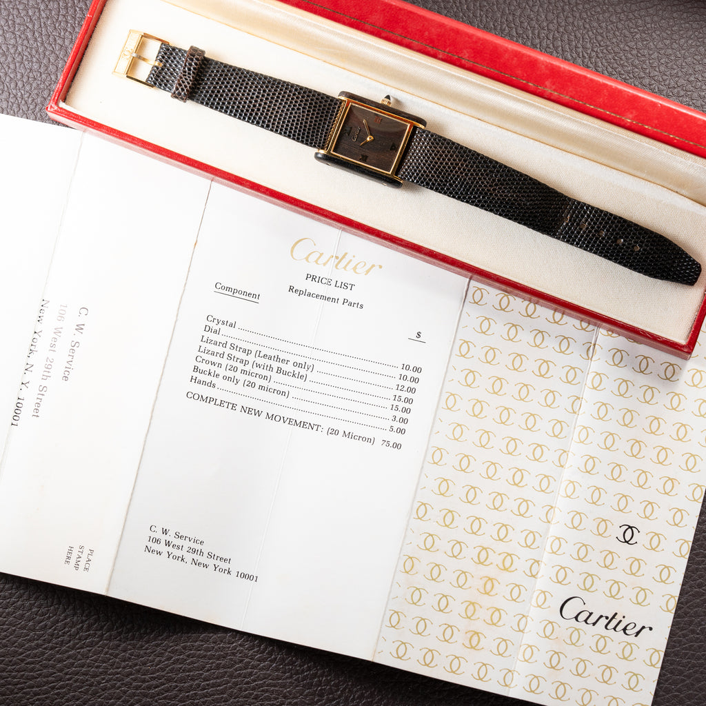 Cartier Tank “Pallisandre de Rio” “Tank Wood” Mohogany Full Set Box Papers Ref 20611 from 1977