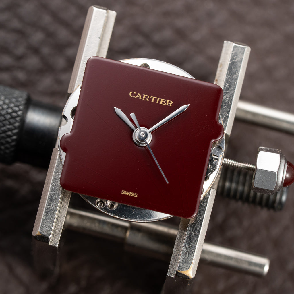 Cartier Santos Carrée Burgundy Red 'Swiss' Dial Lady Automatic Ref. 0901 From 1980s