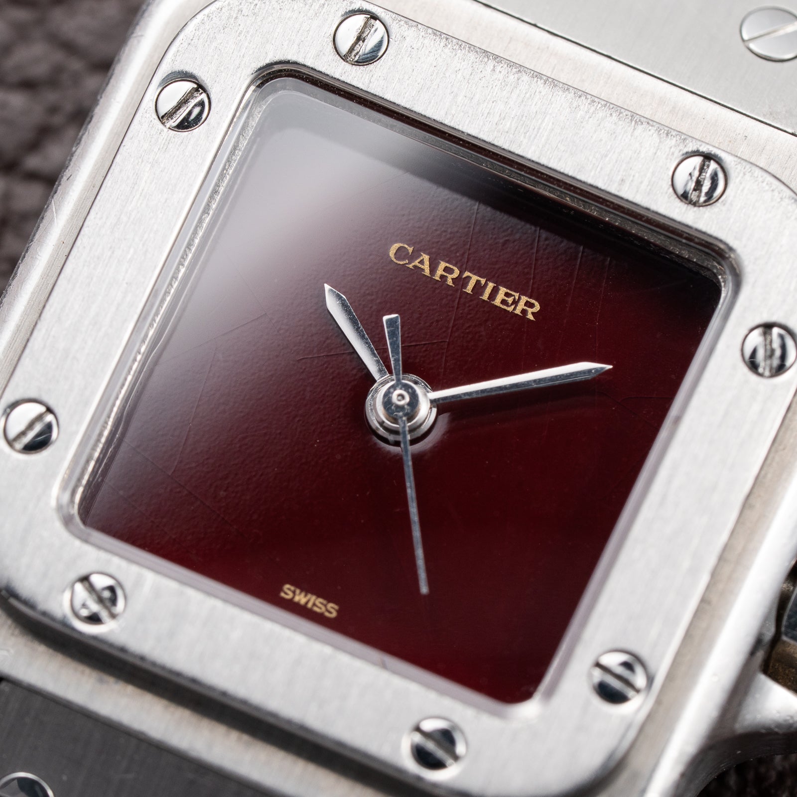 Cartier Santos Carrée Burgundy Red 'Swiss' Dial Lady Automatic Ref. 0901 From 1980s