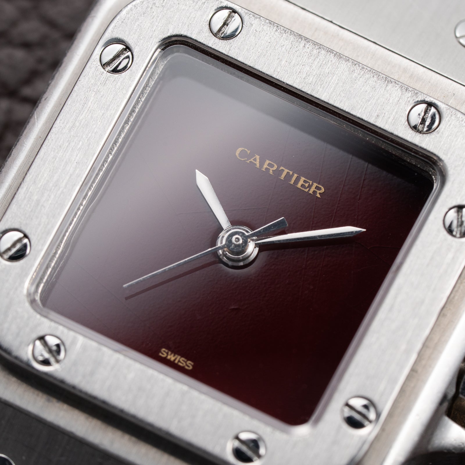 Cartier Santos Carrée Burgundy Red 'Swiss' Dial Lady Automatic Ref. 0901 From 1980s