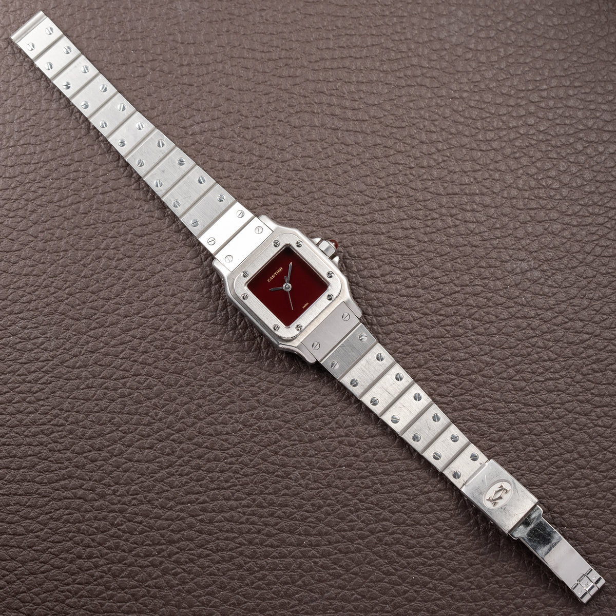 Cartier Santos Carrée Burgundy Red 'Swiss' Dial Lady Automatic Ref. 0901 From 1980s