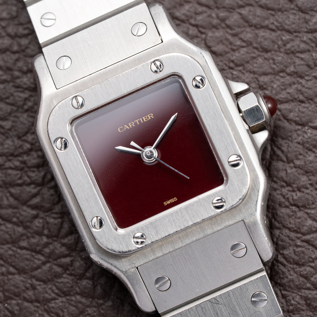 Cartier Santos Carrée Burgundy Red 'Swiss' Dial Lady Automatic Ref. 0901 From 1980s
