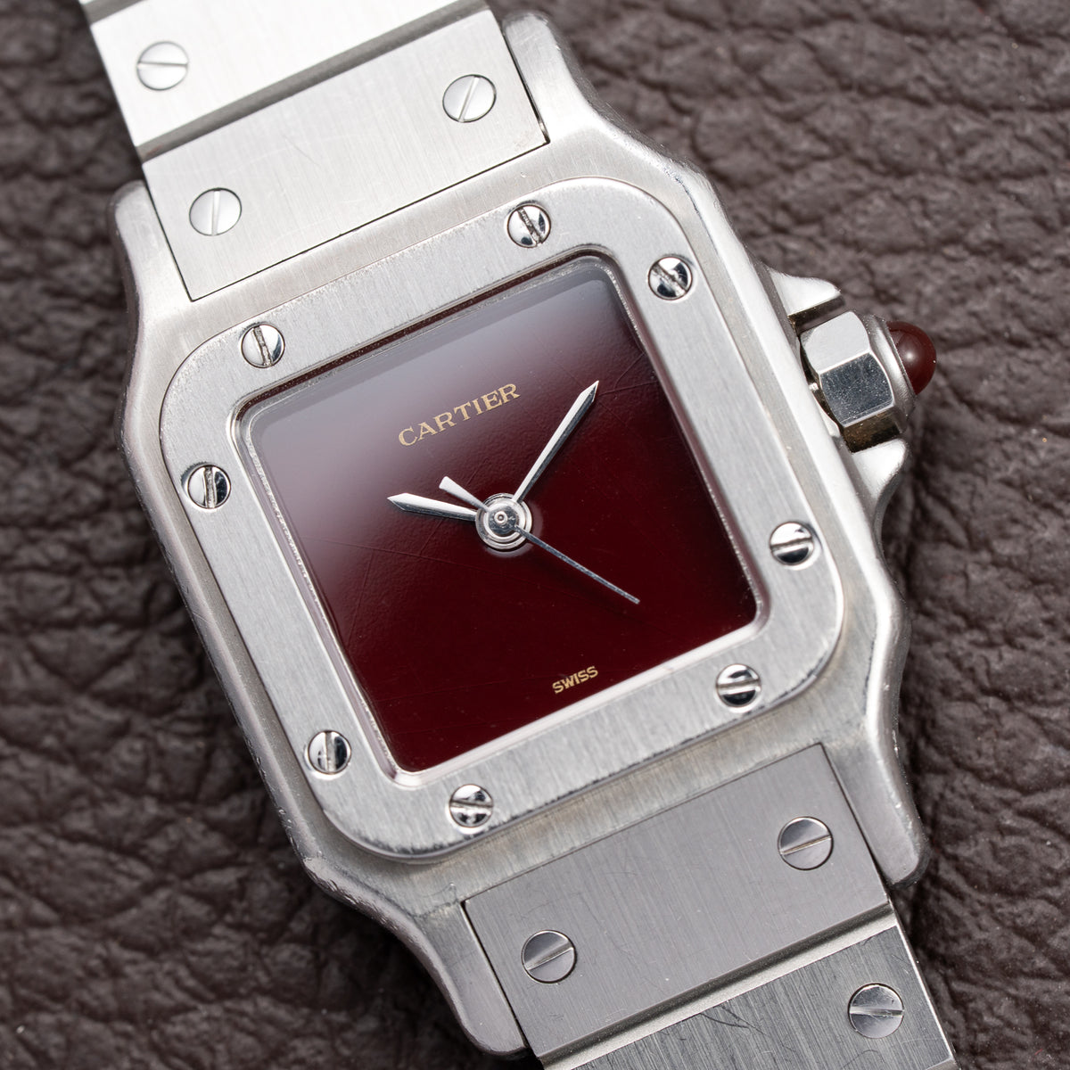 Cartier Santos Carrée Burgundy Red 'Swiss' Dial Lady Automatic Ref. 0901 From 1980s