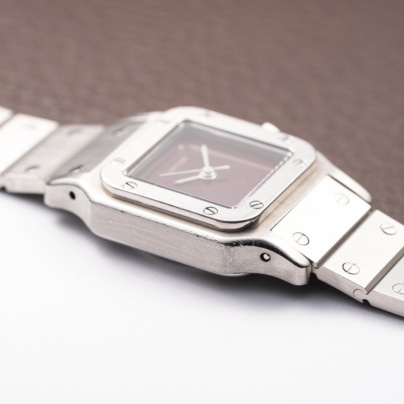 Cartier Santos Carrée Burgundy Red 'Swiss' Dial Lady Automatic Ref. 0901 From 1980s