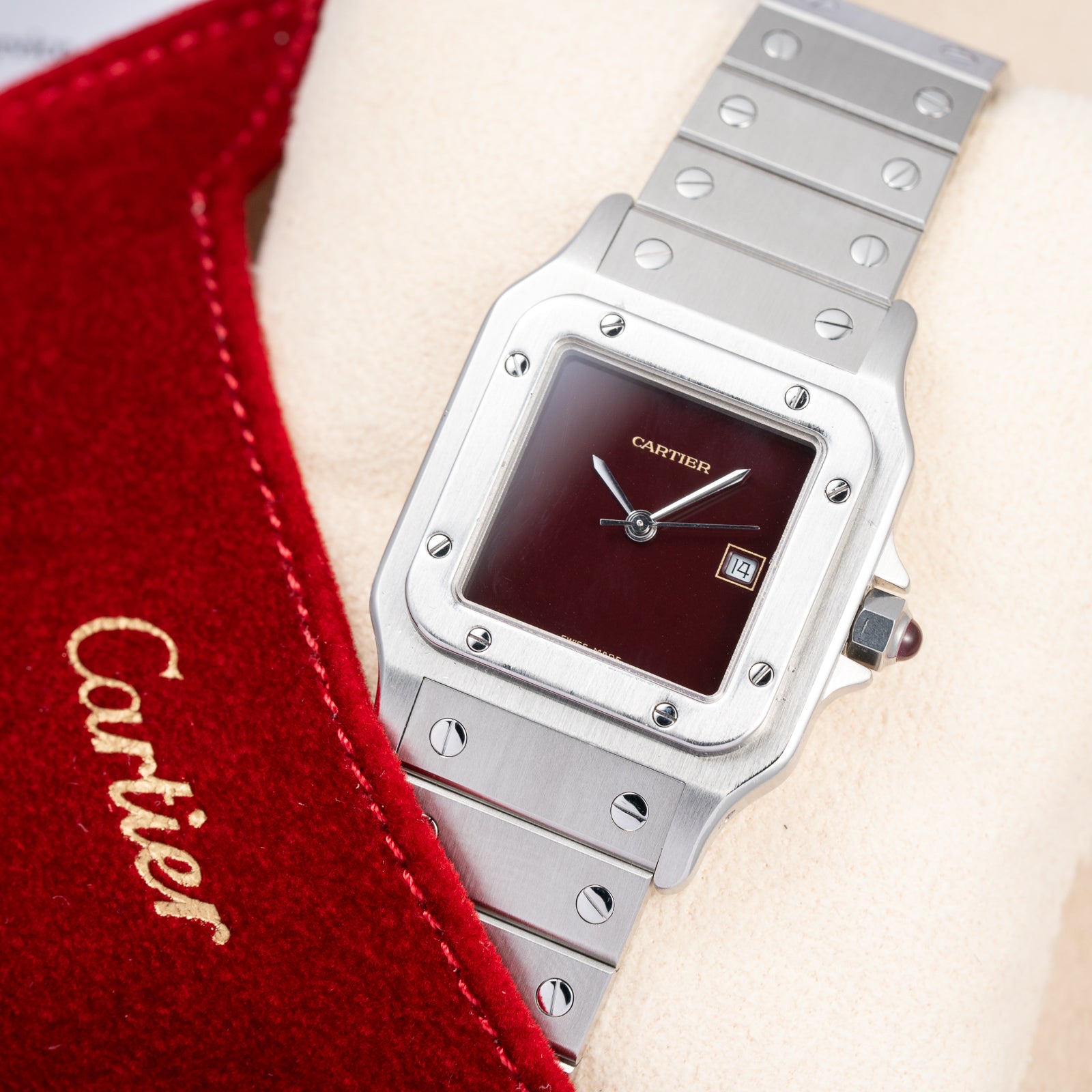 Cartier Santos Carrée Burgundy Red "Grenade" with Cartier Serviced 2026 Ref. 2960 from 1980s